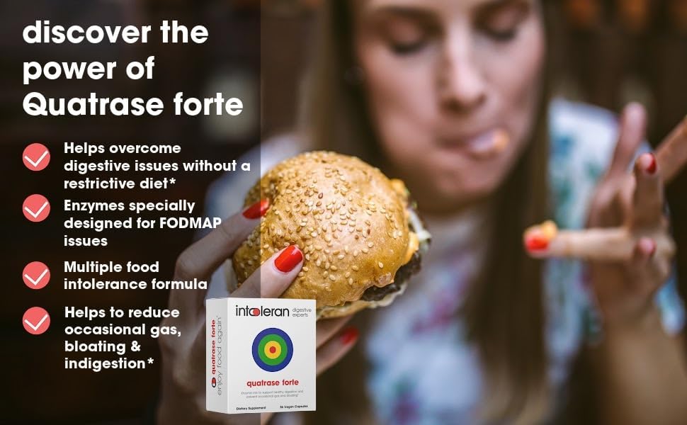 Intoleran Quatrase Forte Digestive Enzymes - 36 Capsules | Highly Dosed Supplement for FODMAP Intolerance | Helps Digest Lactose and Complex Carbohydrates* | Pure & Vegan | Low FODMAP