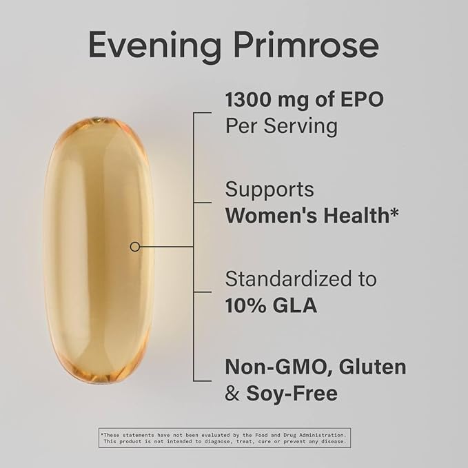 Sports Research Evening Primrose Supplement from Cold Pressed Oil - Softgels for Women’s Health & Skin Health - Gluten Free & Non-GMO GLA - High Potency 1300mg, 30 Count