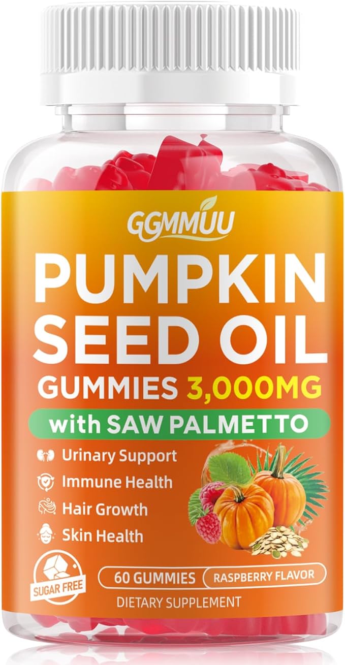 Pumpkin Seed Oil Gummies with Saw Palmetto, 3000mg Per Serving Pumpkin Seed Oil Supplement for Hair Growth, Skin Health, High Pure Extract for Women & Men, Vegan, Raspberry Flavor, 60 Count