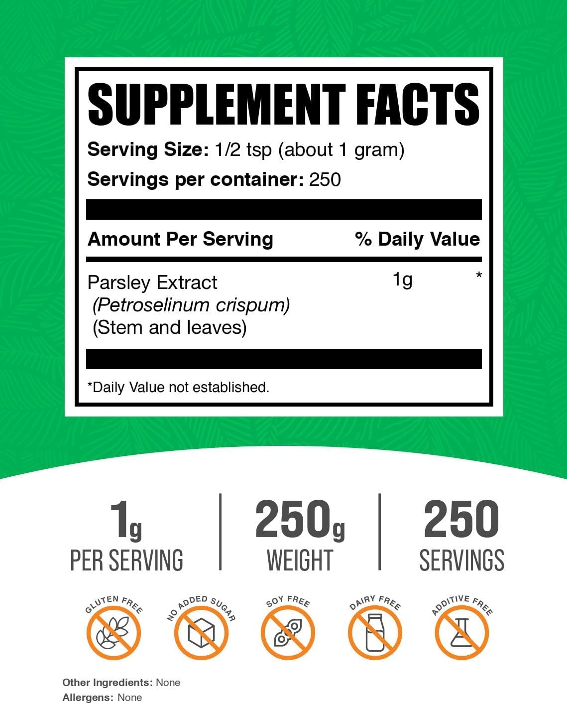 BulkSupplements.com Parsley Extract Powder - Parsley Supplement, Antioxidant Source, Herbal Supplement - Gluten Free, 1g per Serving, 250g (8.8 oz) (Pack of 1)
