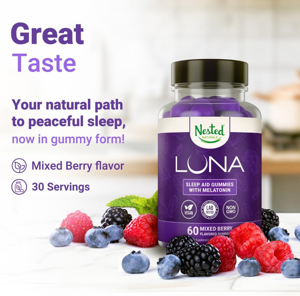 Nested Naturals Luna Sleep Gummies - Non-Habit Forming Melatonin Gummies 3mg with L-Theanine, Valerian Root, GABA, and Lemon Balm - Sleep Gummy for Adults - Mixed Berry, 60 Vegan Gummies