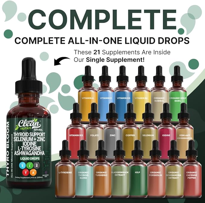 Clean Nutra Thyroid Support Drops Selenium Zinc Iodine L Tyrosine KSM66 Ashwagandha Vitamin D3 B12 A C Turmeric Kelp Schisandra Guggul Cayenne Basil Liquid Supplement Folate Copper Thyro Bloom Drop