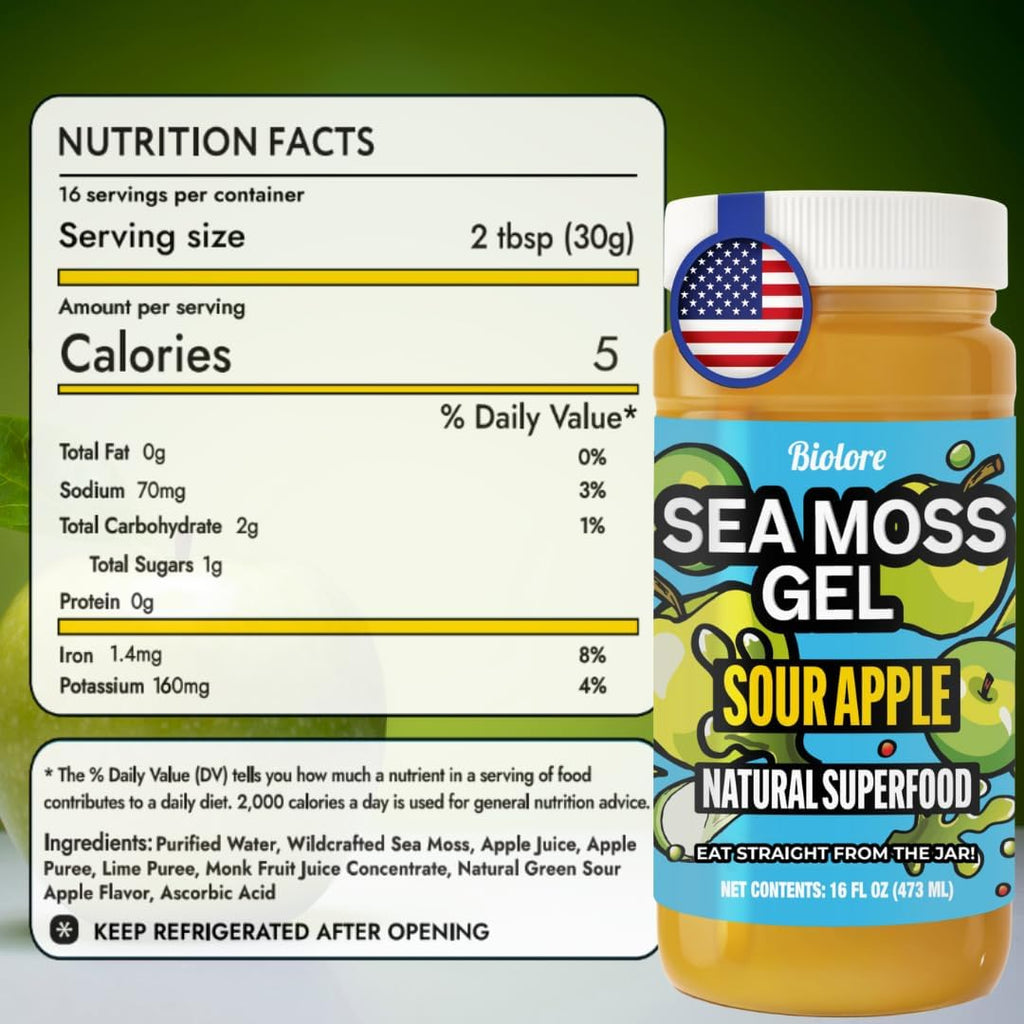 Biolore Sour Apple Sea Moss Gel 16 oz - No Added Sugar, Vegan, Made in USA - Wildcrafted Sea Moss Superfood with 92 Essential Vitamins - Ready to Use, No Prep Needed