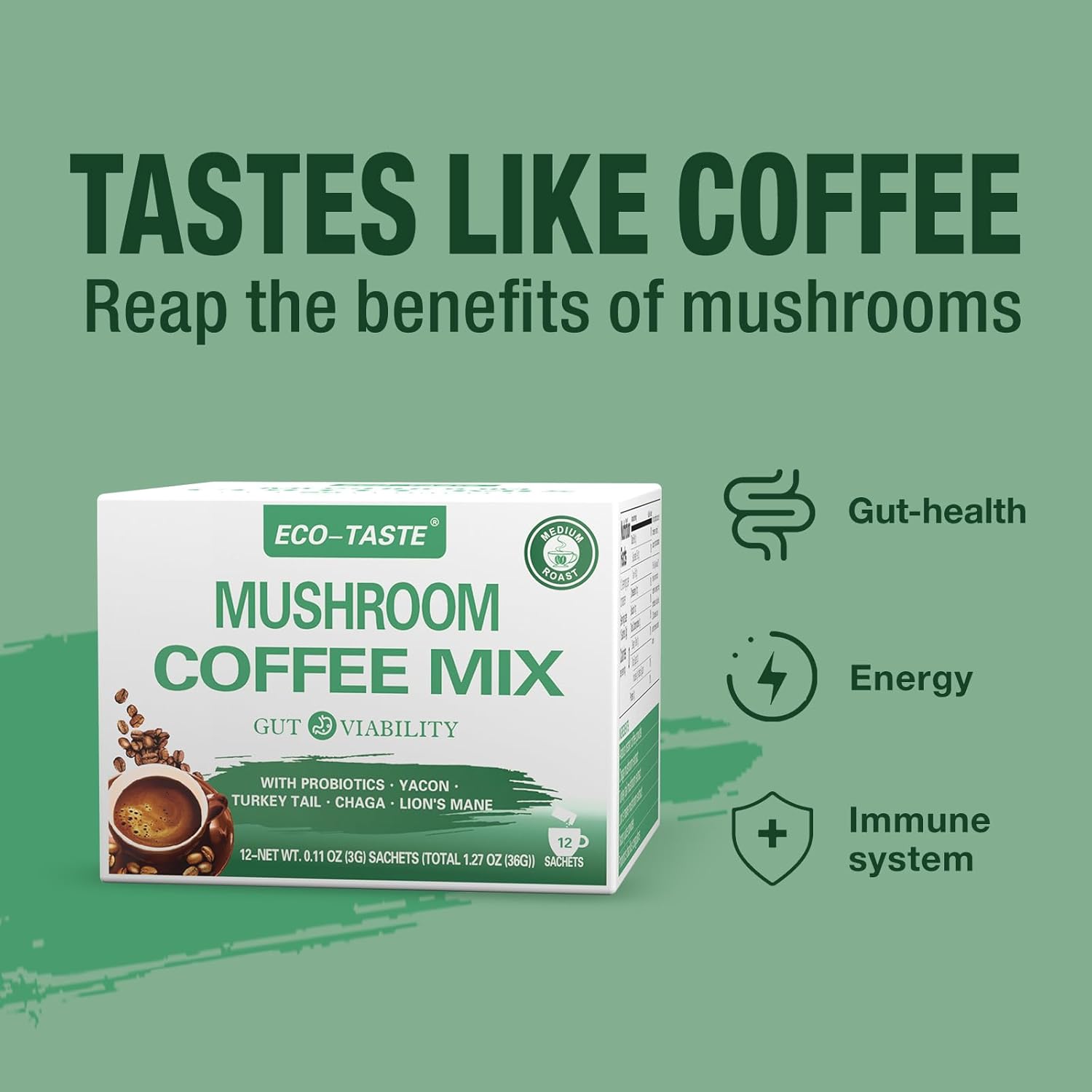 ECO-TASTE Mushroom Coffee Mix, Designed for Gut-Health with Chaga, Lion's Mane, Turkey Tail, Yacon and Probiotics – 12 Sachets