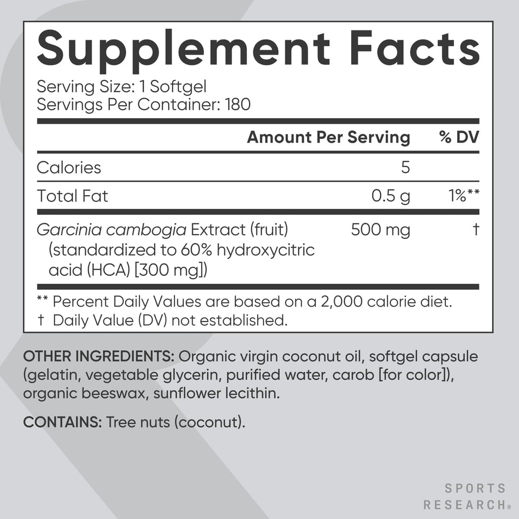 Sports Research Garcinia Cambogia Extract (60% HCA) with Extra Virgin Organic Coconut Oil | Non-GMO, Soy & Gluten Free (180 Liquid Softgels)
