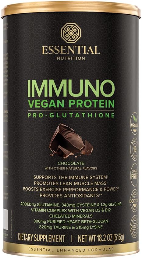 Essential Nutrition - Immuno Vegan - Plant-Based Protein Powder, 16g Protein Per Serving, Added Amino Acids & Multivitamin - Beta Glucan, Glutathione Production - Chocolate - 18.2oz