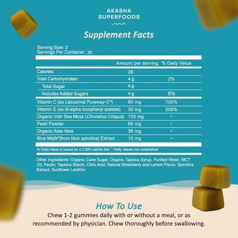 Sea Moss Glow Gummies, Hair, Skin & Nails Vitamins with Seamoss, Pearl Powder, Vitamin E, Aloe Vera, Liposomal Vitamin C, and Irish Sea Moss, Gummies for Women & Men, 60 Count