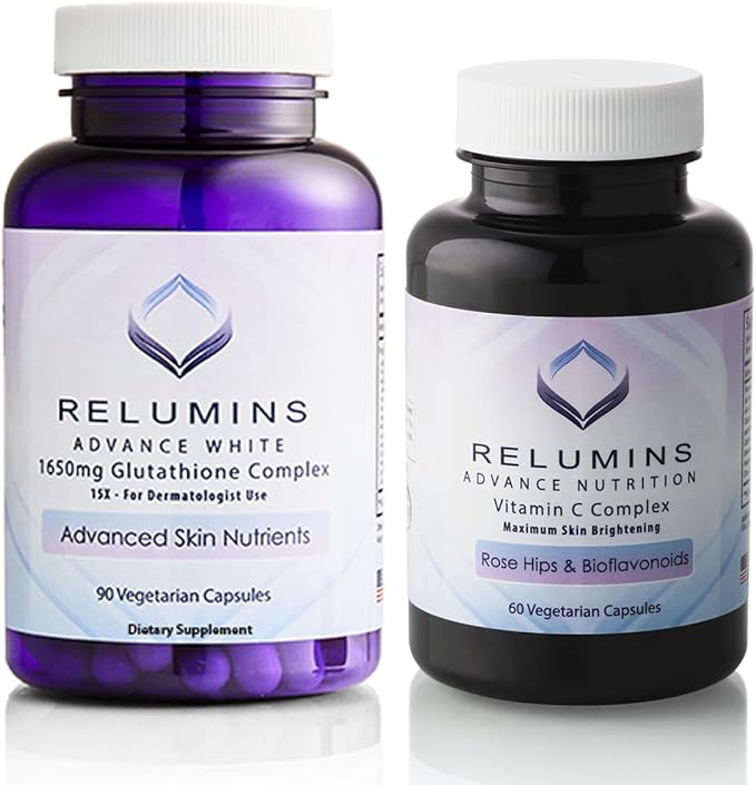 Relumins Dermavita Bundle – 1650mg Reduced Glutathione Complex (90 Veggie Capsules) with Alpha Lipoic Acid, Rose HIPS, Riboflavin & Vitamin E + Advanced Vitamin C 1000mg