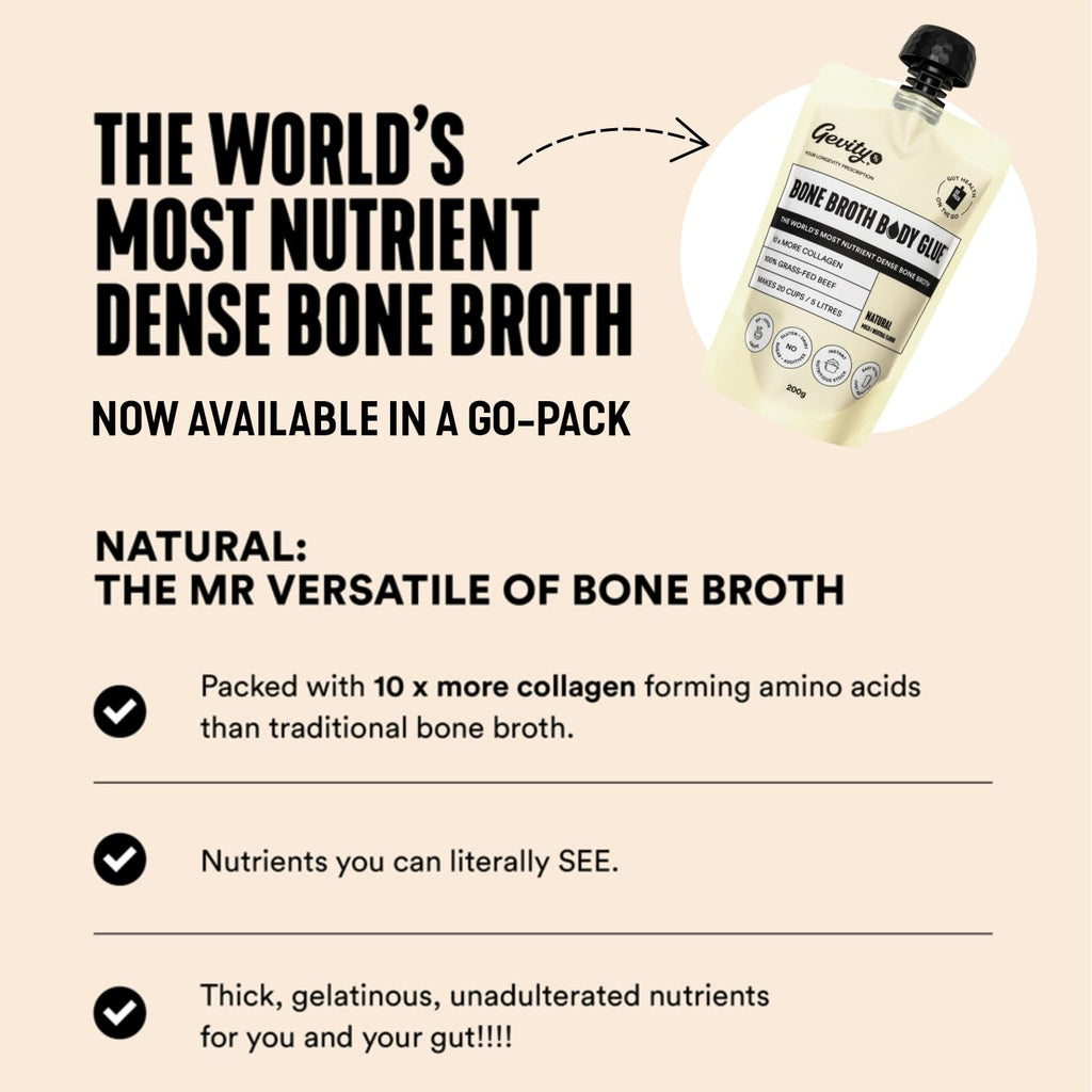 Gevity Rx Bone Broth Body Glue- NATURAL, Go Pouch, Bone Broth Concentrate, 10x more collagen*, The Most Nutrient Dense, Sip-Cook- Create, 100% Grass Fed Beef, 20 servings|5 Litres,7.05 Ounce Pack