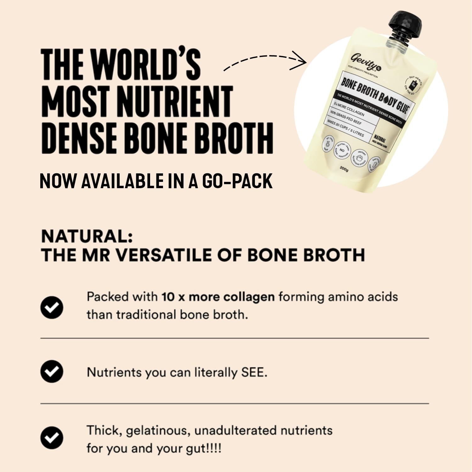 Gevity Rx Bone Broth Body Glue- NATURAL, Go Pouch, Bone Broth Concentrate, 10x more collagen*, The Most Nutrient Dense, Sip-Cook- Create, 100% Grass Fed Beef, 20 servings|5 Litres,7.05 Ounce Pack