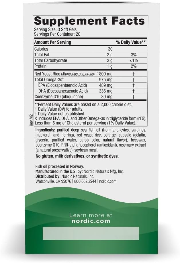 Nordic Naturals Cholesterol Support, Lemon - 60 Soft Gels - 975 Omega-3 + Red Yeast Rice & CoQ10 - Normal Cholesterol, Antioxidant Support - EPA & DHA - Non-GMO - 20 Servings