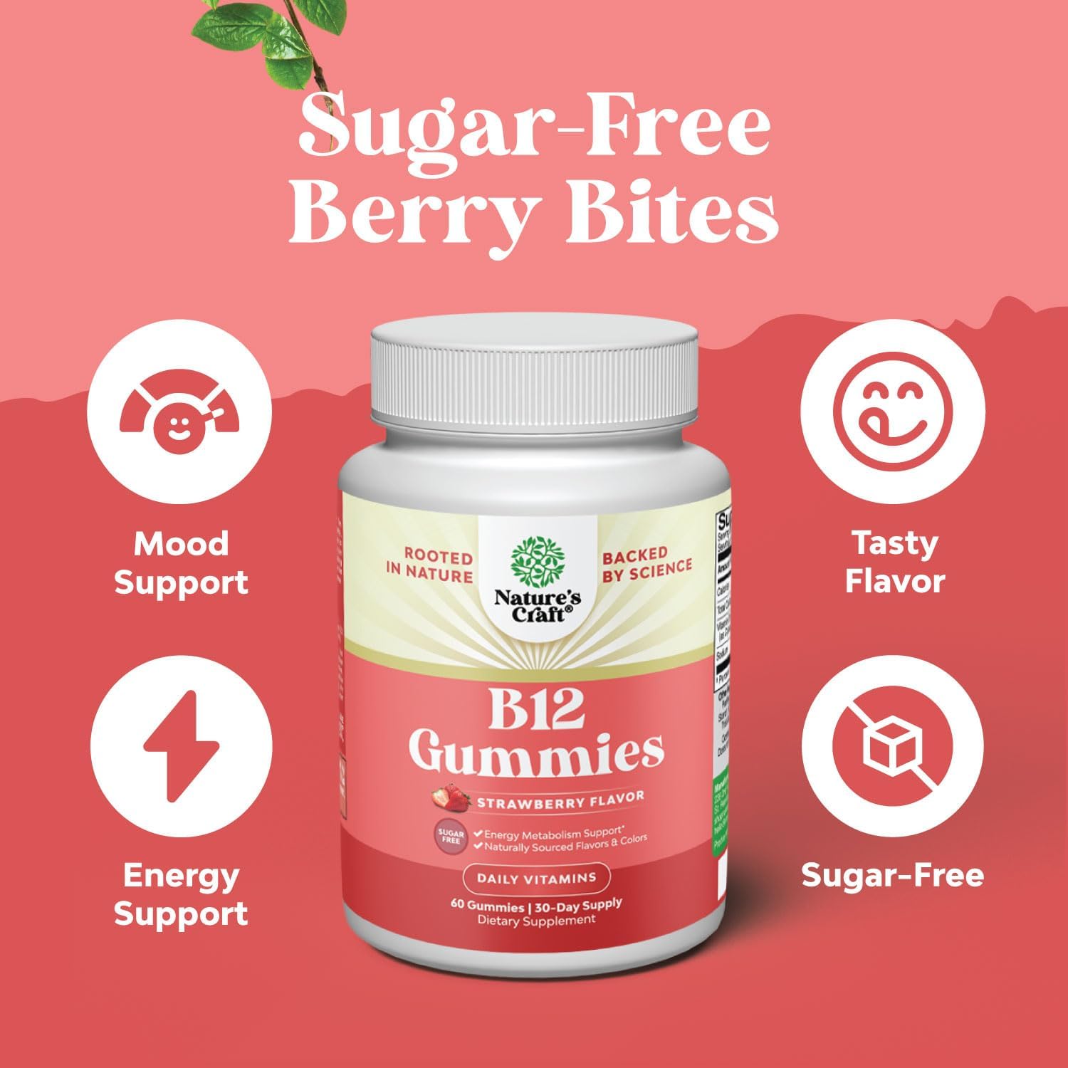 Vitamin B12 Gummies for Adults - Sugar Free Vitamin B12 1000 mcg Chewable Gums for Energy & Mood Support, Immune & Nerves Health - Kosher Non-GMO & Gluten Free Supplement for Women & Men - 60 Count