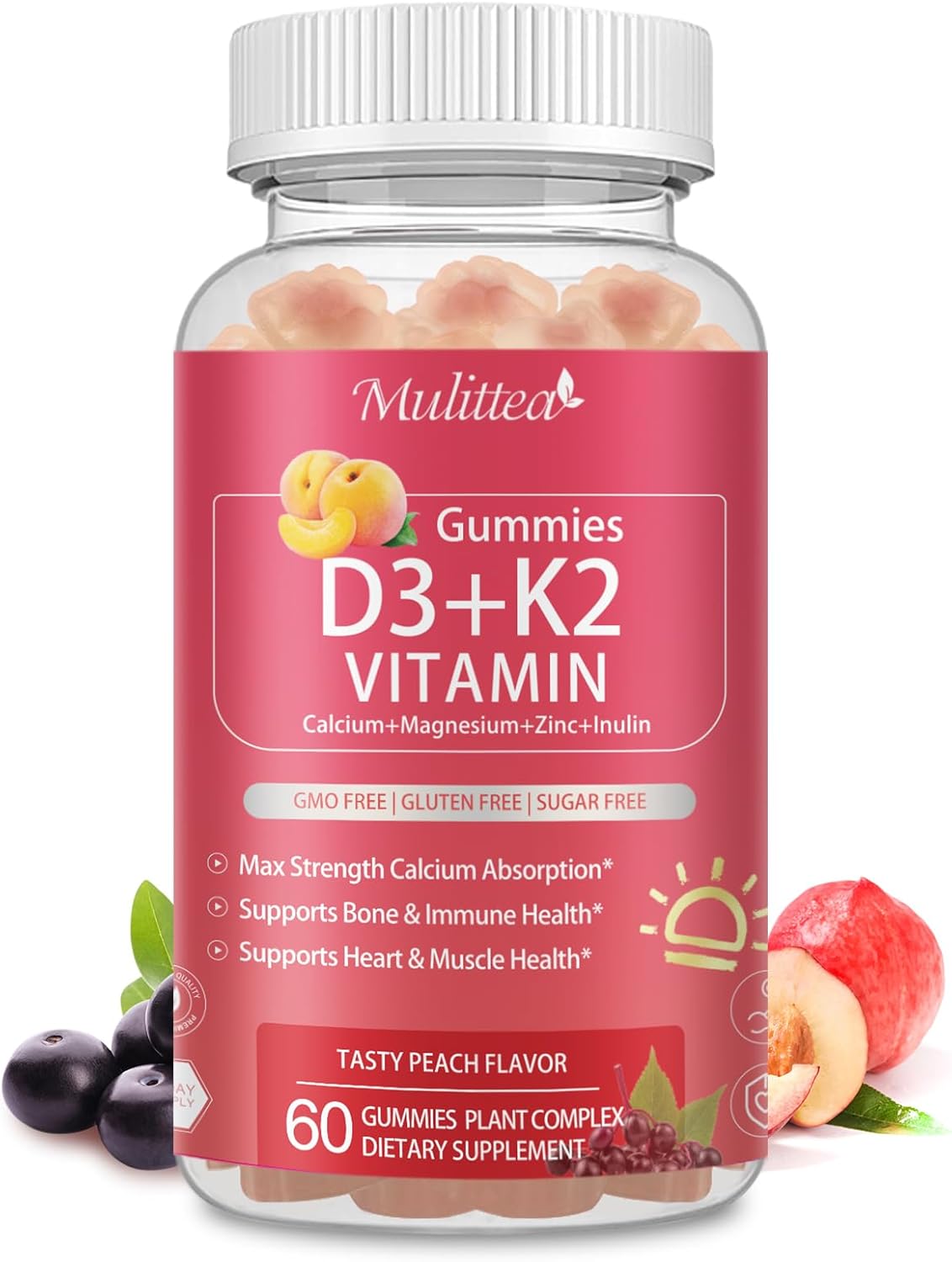 Vitamin D3 10000 IU + K2 (MK-7) 200mcg w/Calcium Magnesium Zinc Elderberry & Inulin-Highly Bioavailable-Enhanced Absorption for Immune & Bone Support- K2 D3 Vitamin Supplement-Vegan Gummies
