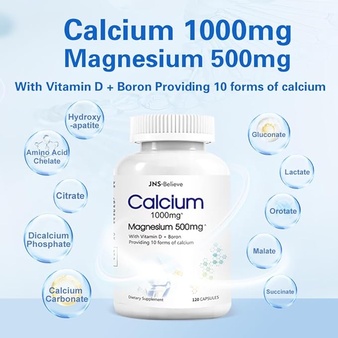 Calcium Magnesium Supplement, Daily Supplement for Bone and Immune Health, with Vitamin D, 1000mg Calcium, 500mg Magnesium, Gluten -Free, 120 Capsules