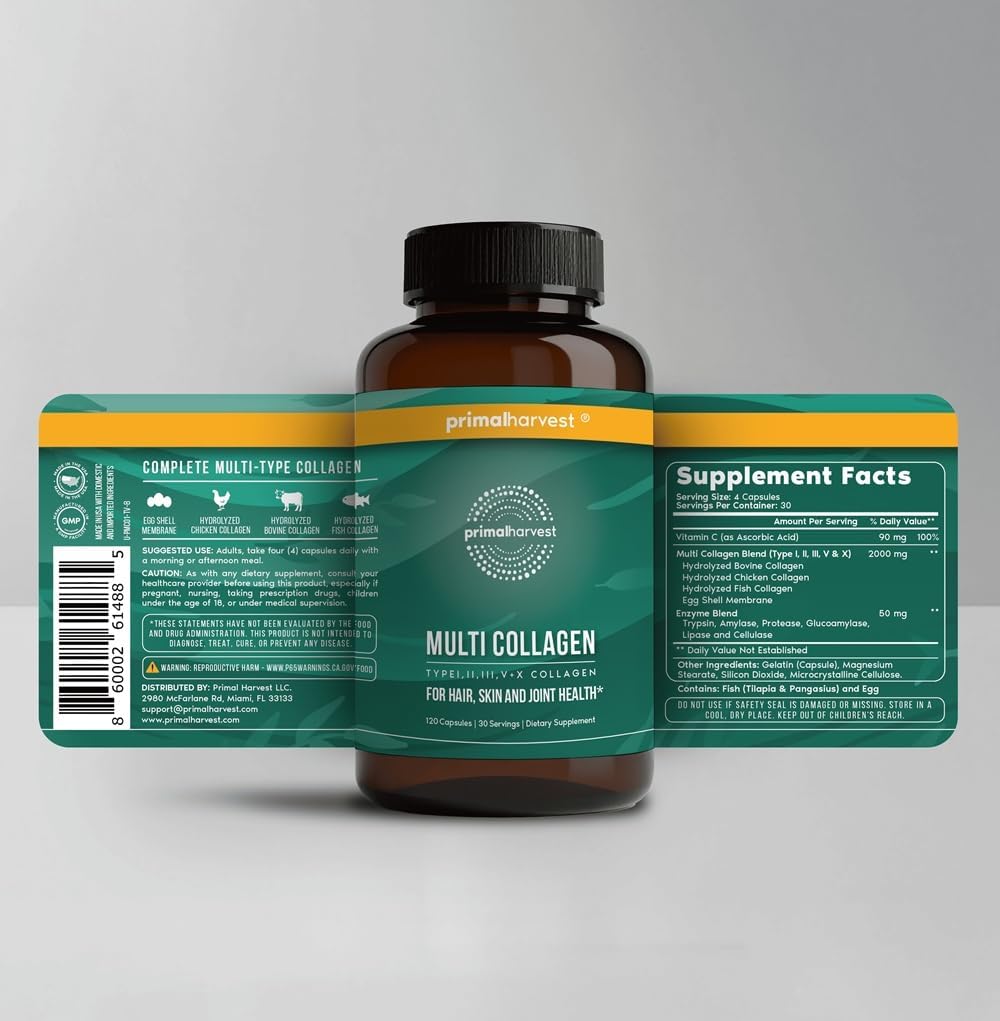 Primal Harvest Multi Collagen Pills for Women and Men (Type I, II, III, V, X) 120 Capsules w/Vitamin C for Hair, Skin, Nails