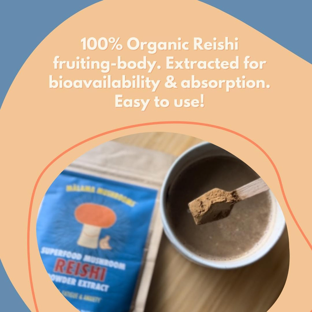 Malama Organic Reishi Mushroom Powder, Pure Fruiting Body Extract, Adaptogenic Superfood for Immune Support and Wellness, 100 Servings