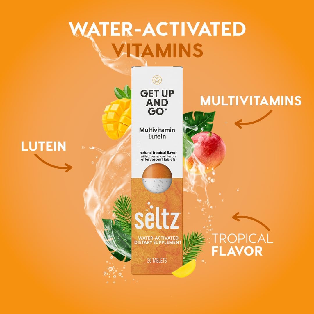 Seltz® Get Up and Go – Effervescent Multivitamin with Lutein for Daily Energy, Eye Health & Antioxidant Support – Tropical Flavor, 20 Tablets (Pack of 1)