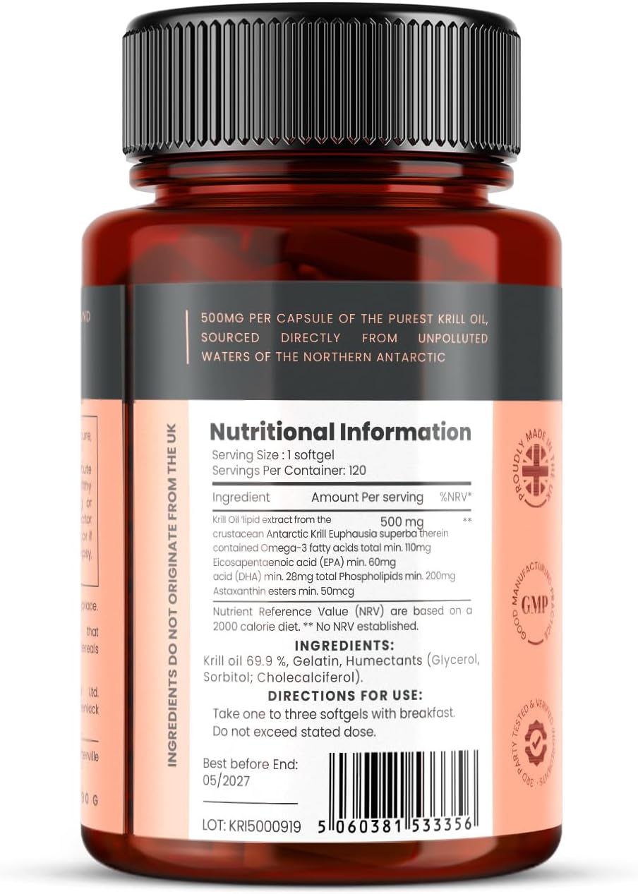 Ultra Pure Krill Oil 500mg x 240 Capsules (2 Bottles) - Sourced in The Unpolluted Waters of Antarctic Providing a Rich Supply of Astaxanthin, Omega 3, and Vitamin D