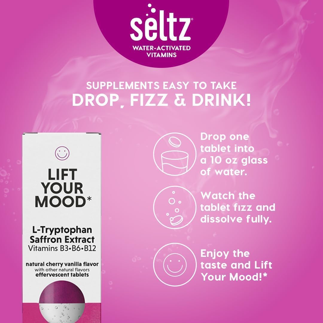Seltz® Water-Activated Vitamins - Lift Your Mood with L-Tryptophan, Saffron Extract and Vitamins B3 B6 B12 – Natural Cherry Vanilla Flavor Dietary Supplement - 6 Packs x 20 Effervescent Tablets Each