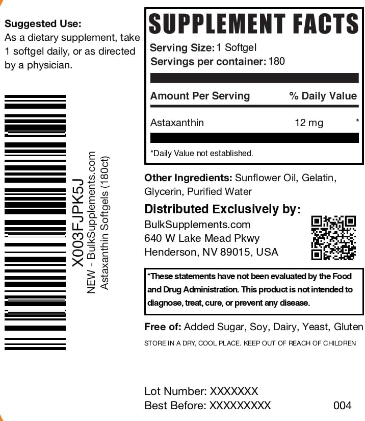 BulkSupplements.com Astaxanthin 12mg Softgels - Astaxanthin Supplements, Antioxidant Source - Gluten Free, 1 Softgel per Serving, 180 Count (Pack of 1)