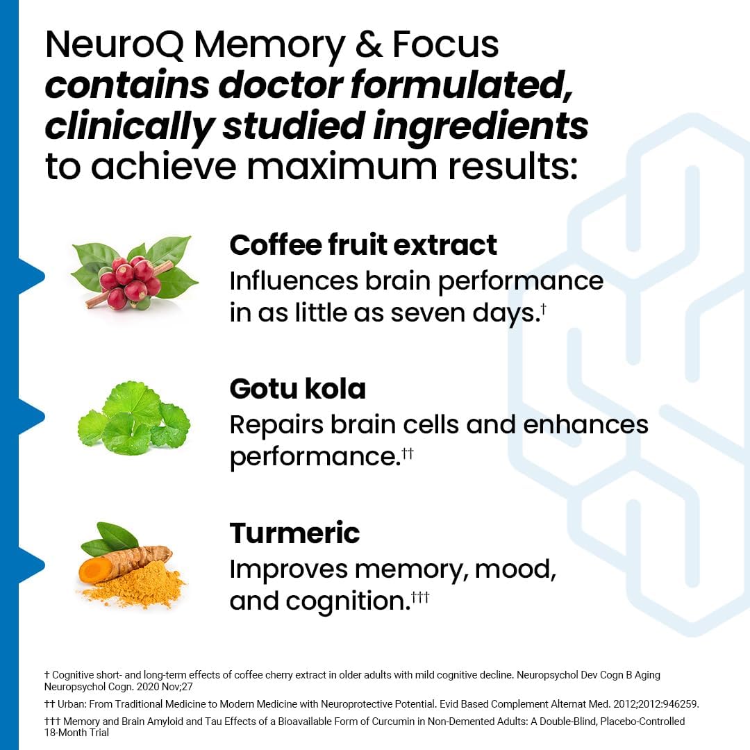 NeuroQ Memory & Focus - Boosts Cognitive Performance & Brain Function - Neuroprotective Formula by Dr. Dale Bredesen - Gotu Kola Ginkgo Phosphatidylserine & Propolis - 60 Capsules (Pack of 3)