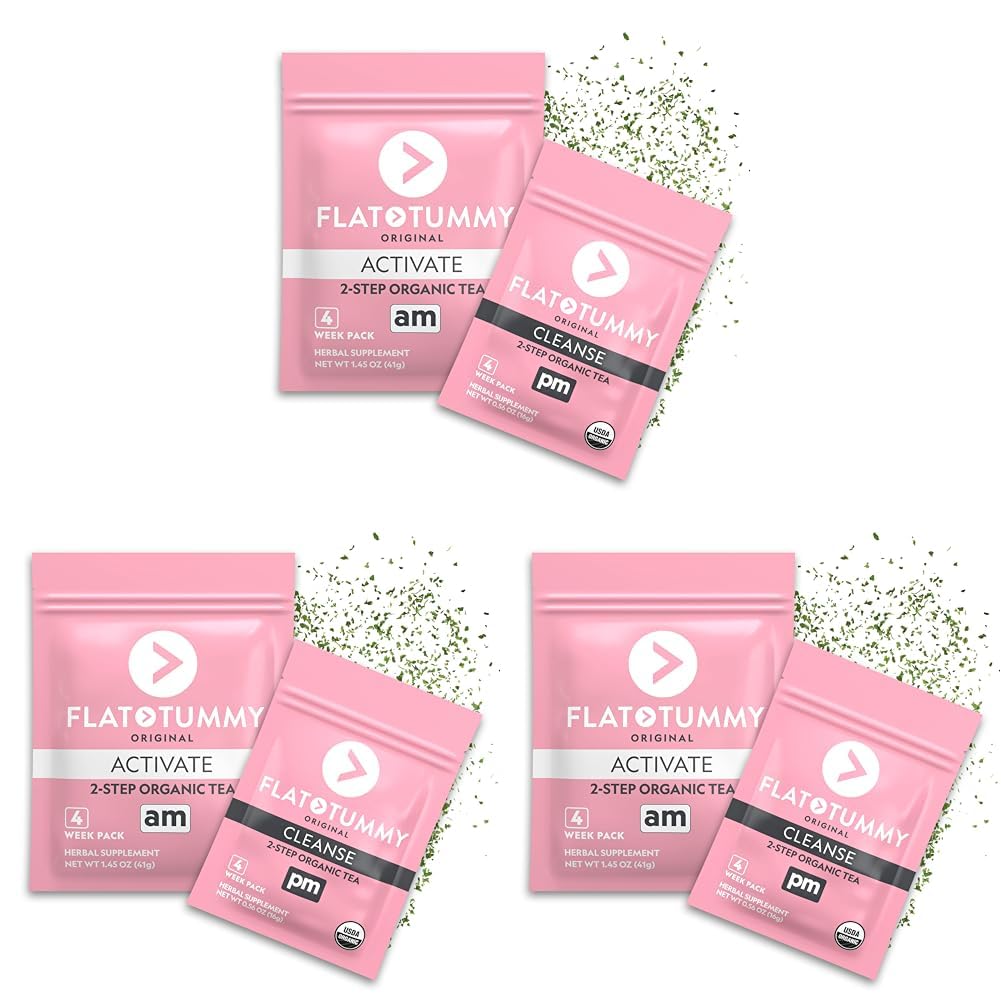 Flat Tummy Tea – 2-step, 4 Week Program – Detox Tea to Boost Energy & Reduce Bloating* - All Natural Detox Cleanse w/Green Tea, Lemon Balm, Dandelion, Fennel, & More - Digestion support (Pack of 3)
