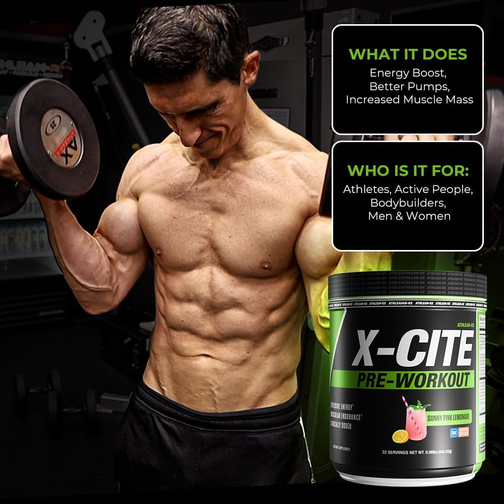 X-CITE Pre-Workout by ATHLEAN-X - Enhanced Formula with Beta-Alanine, Creatine & Caffeine for Energy, Endurance, Focus & Muscle Pump, NSF Certified for Sports (22 Servings, Sunny Pink Lemonade)