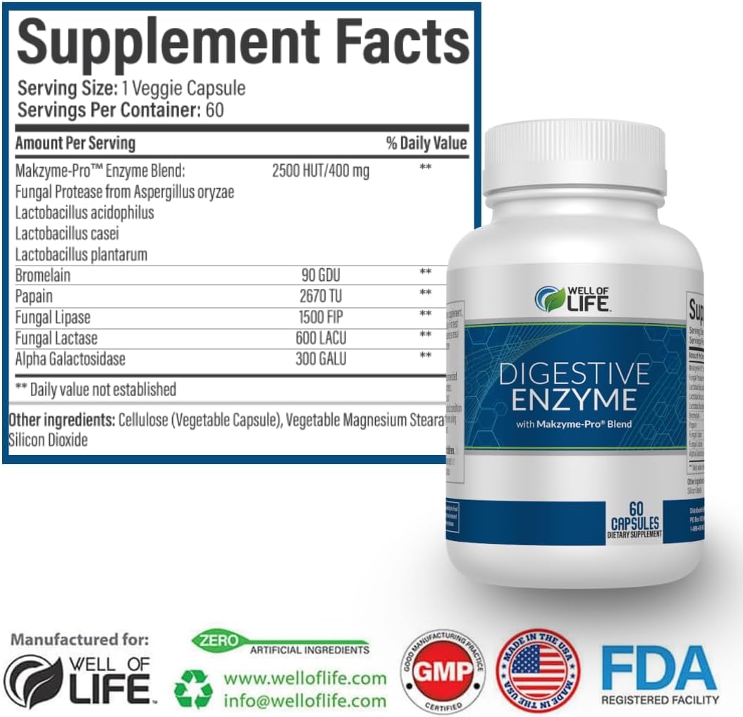 Well of Life Digestive Enzyme: 700mg, 60 Vegetarian Capsules, Enhance Digestive Health, Nutrient Absorption & Gut Health, Lactobacillus, Bromelain, Papain & More, All-Natural, Vegan, Made in USA