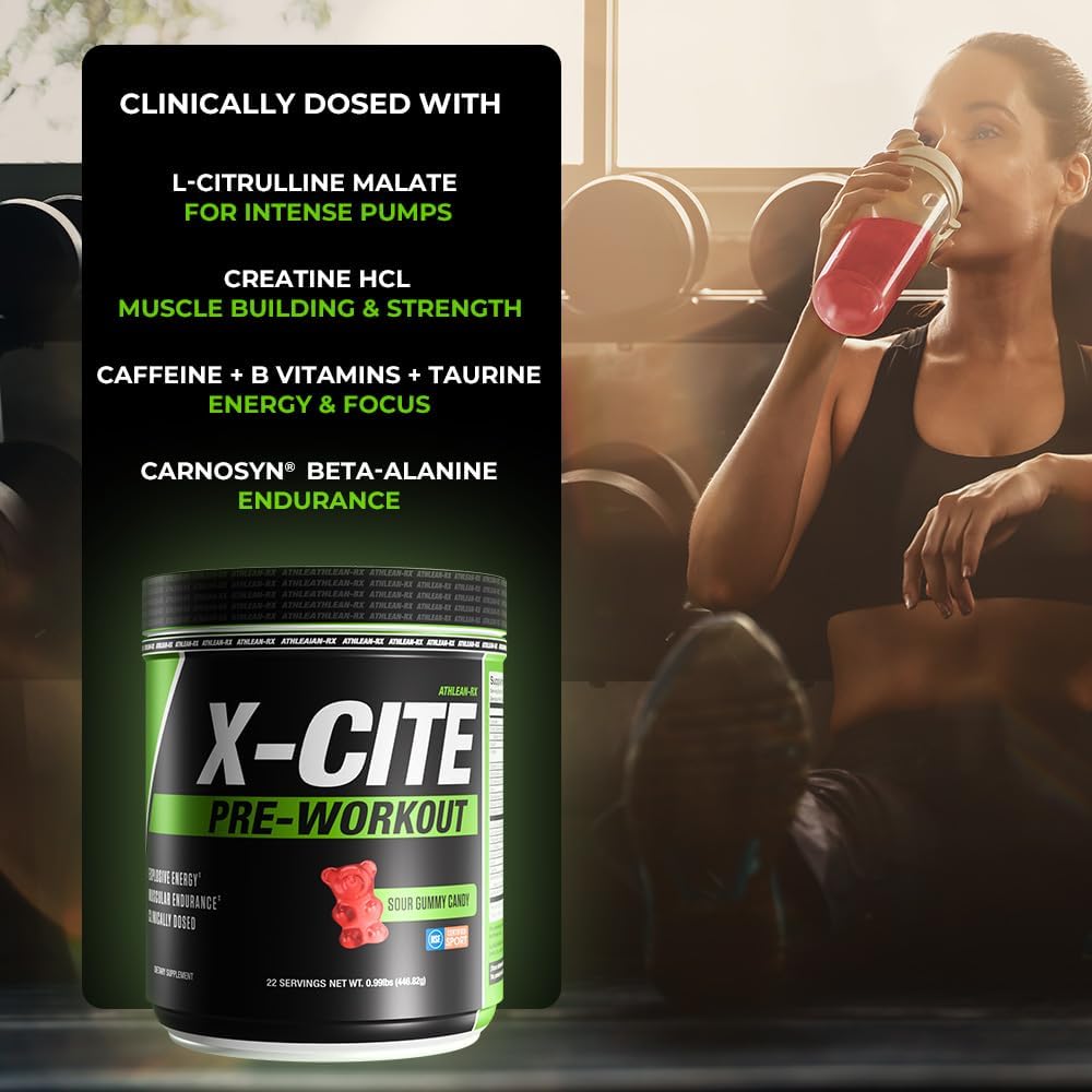 X-CITE Pre-Workout by ATHLEAN-X - Enhanced Formula with Beta-Alanine, Creatine & Caffeine for Ultimate Energy, Endurance, Focus & Muscle Pump, NSF Certified for Sports (22 Servings, Sour Gummy Bear)