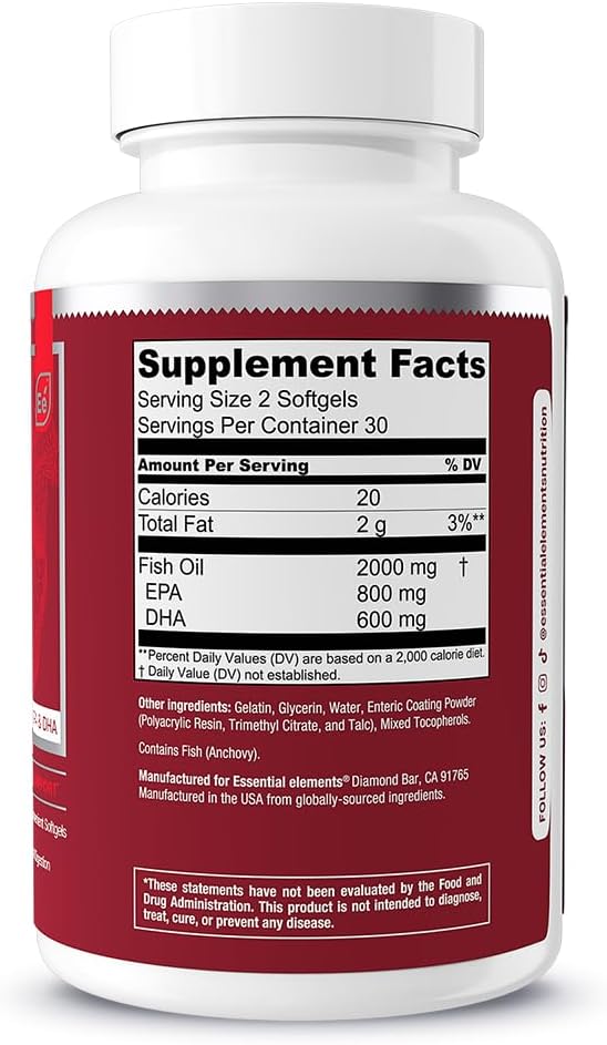 Essential Elements Omega-3 Fish Oil Supplement with EPA & DHA | Fatty Acids for Immune, Heart & Cognitive Support | 60 Softgels