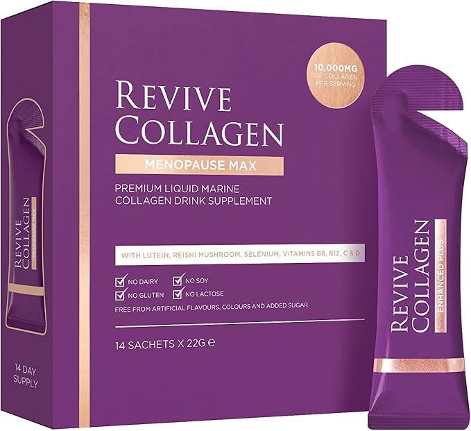 Revive Collagen Menopause Max — Hydrolyzed Marine Collagen Drink for Women, 10,000MG, Lutein, Reishi Mushroom, Vitamin B6, B12, C & D, for Skin & Eye Health, Pineapple & Coconut Flavour — 14 Sachets