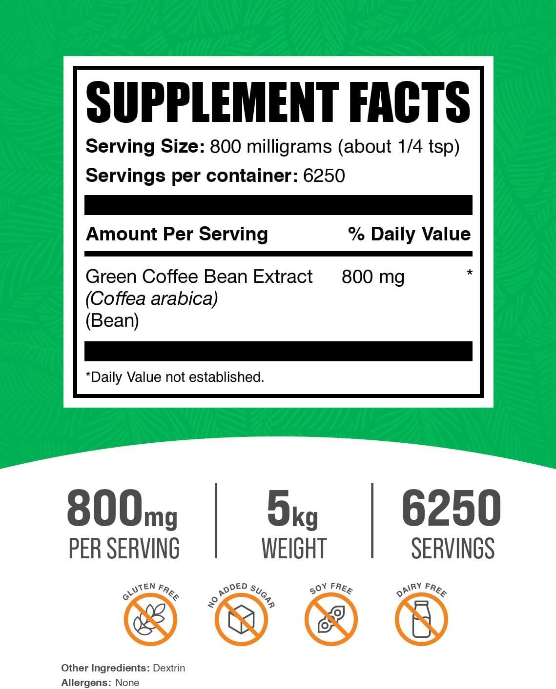 BulkSupplements.com Green Coffee Bean Extract Powder - Green Coffee Bean Supplements, Green Coffee Bean Powder - Energy Support, Gluten Free, 800mg per Serving, 5kg (11 lbs) (Pack of 5)