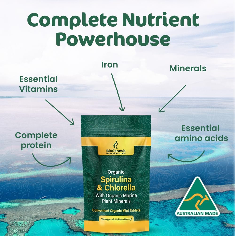 Biogenesis Organic Spirulina, Chlorella & Marine Plant Minerals – 300 Count (200 mg) | Australian Grown Algae Superfood | Support Energy & Immunity | Vegan Mini Tablets