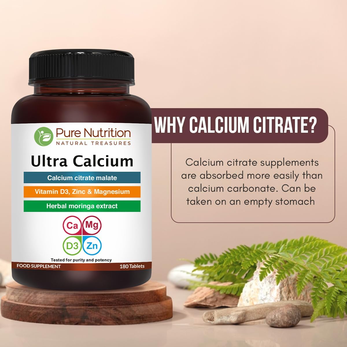Pure Nutrition Ultra Calcium Citrate 1000mg Highly absorbable Calcium Supplement with Calcium Citrate Malate, Vitamin D, Zinc and Magnesium - 1 Tablet Daily (180 Veg Tabs) Non-GMO | Gluten-Free
