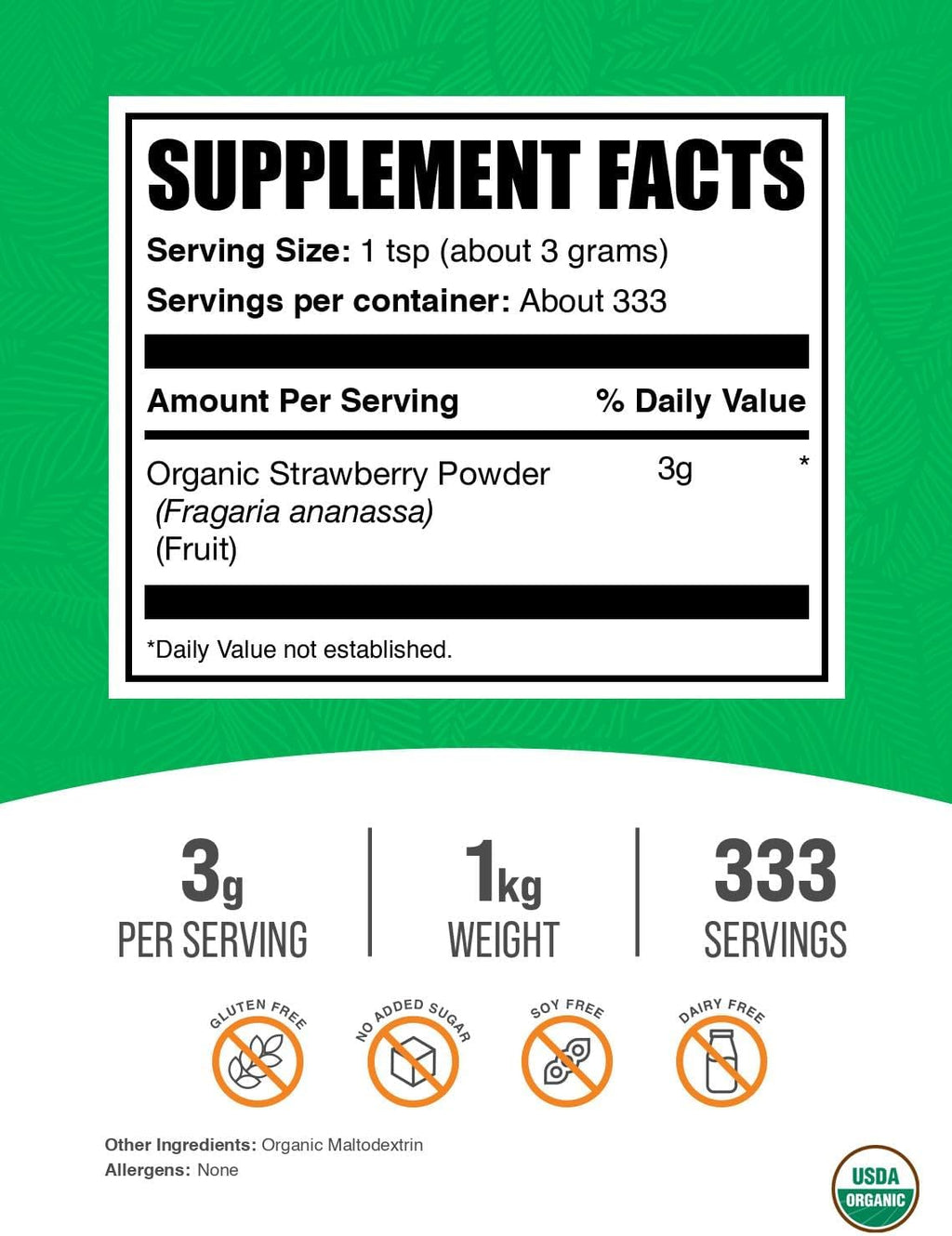 BulkSupplements.com Organic Strawberry Powder - Fruit Powder from Organic Strawberries - No Sugar Added & Gluten Free, 3g per Serving, 1kg (2.2 lbs) (Pack of 1)