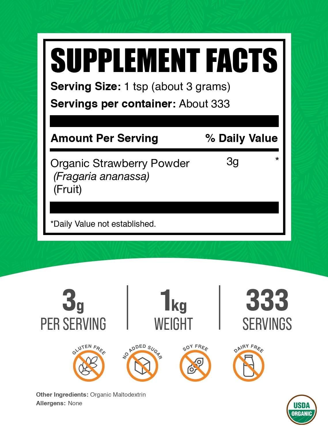 BulkSupplements.com Organic Strawberry Powder - Fruit Powder from Organic Strawberries - No Sugar Added & Gluten Free, 3g per Serving, 1kg (2.2 lbs) (Pack of 1)