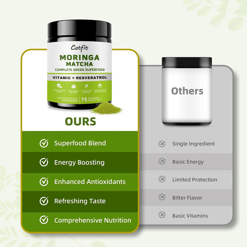 Moringa Powder with Matcha, Green Tea and Resveratrol, 4-in-1 Superfood for Energy, Immune, Digestion and Antioxidant Support, Vegan, Gluten-Free, 8oz