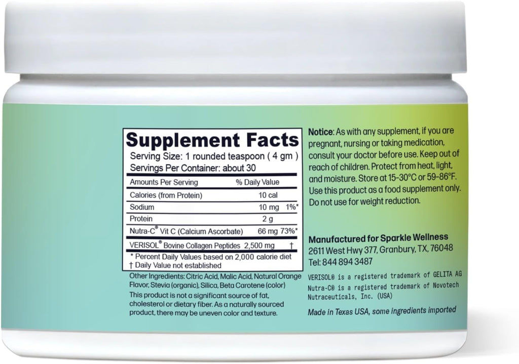 Sparkle Skin Boost Orange Verisol Collagen Peptides Protein Powder Vitamin C Supplement Drink, 5.3oz
