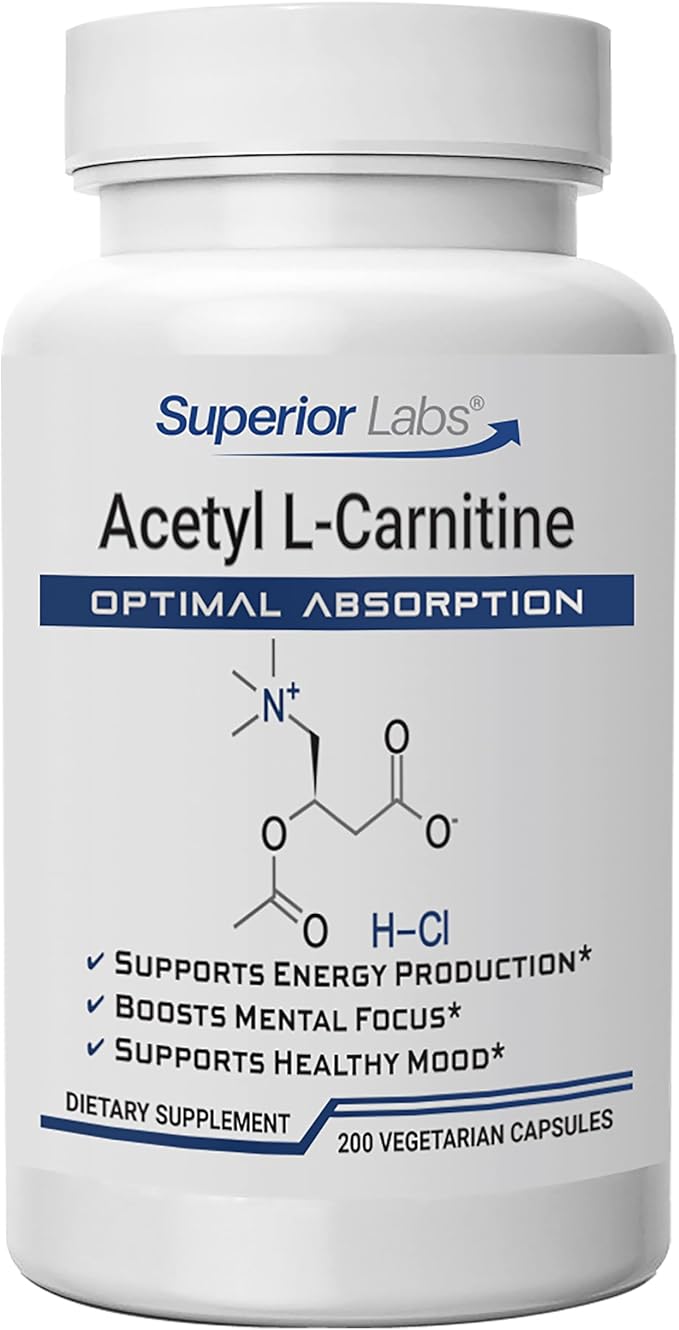 Superior Labs Acetyl L-Carnitine 500 mg, High Potency ALCAR, Pure Non-GMO, Zero Synthetic Additives, Maximum Absorption, Energy & Fat Metabolism, Brain, Nerve & Cellular Detox Support, (200 Veg Caps)