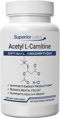 Superior Labs Acetyl L-Carnitine 500 mg, High Potency ALCAR, Pure Non-GMO, Zero Synthetic Additives, Maximum Absorption, Energy & Fat Metabolism, Brain, Nerve & Cellular Detox Support, (200 Veg Caps)