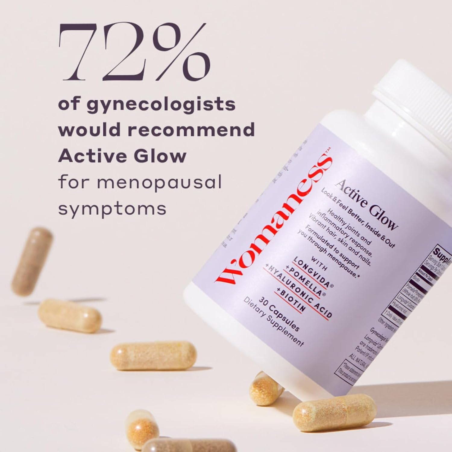 Womaness Active Glow Hair Skin and Nails Vitamins - Biotin, Longvida Curcumin & Hyaluronic Acid Supplements for Joint Health, Dry Skin & Thinning Hair (30 Capsules)