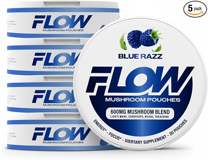 Mushroom Nootropic Pouches - 600mg Organic Mushroom Energy Ultra Pouches with Lion's Mane, Reishi, Cordyceps for Focus & Clean Energy - Zero Caffeine or Sugar (5 Can Pack, Blue Razz)