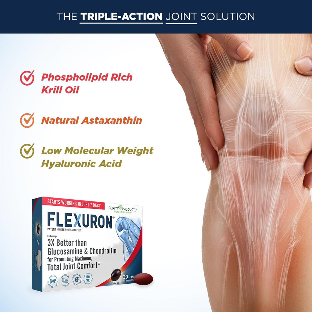 Purity Products Flexuron Joint Formula 3X Better Than Glucosamine and Chondroitin - Starts Working in just 7 Days - Krill Oil, Low Molecular Weight Hyaluronic Acid, Astaxanthin - 30 Count (1)
