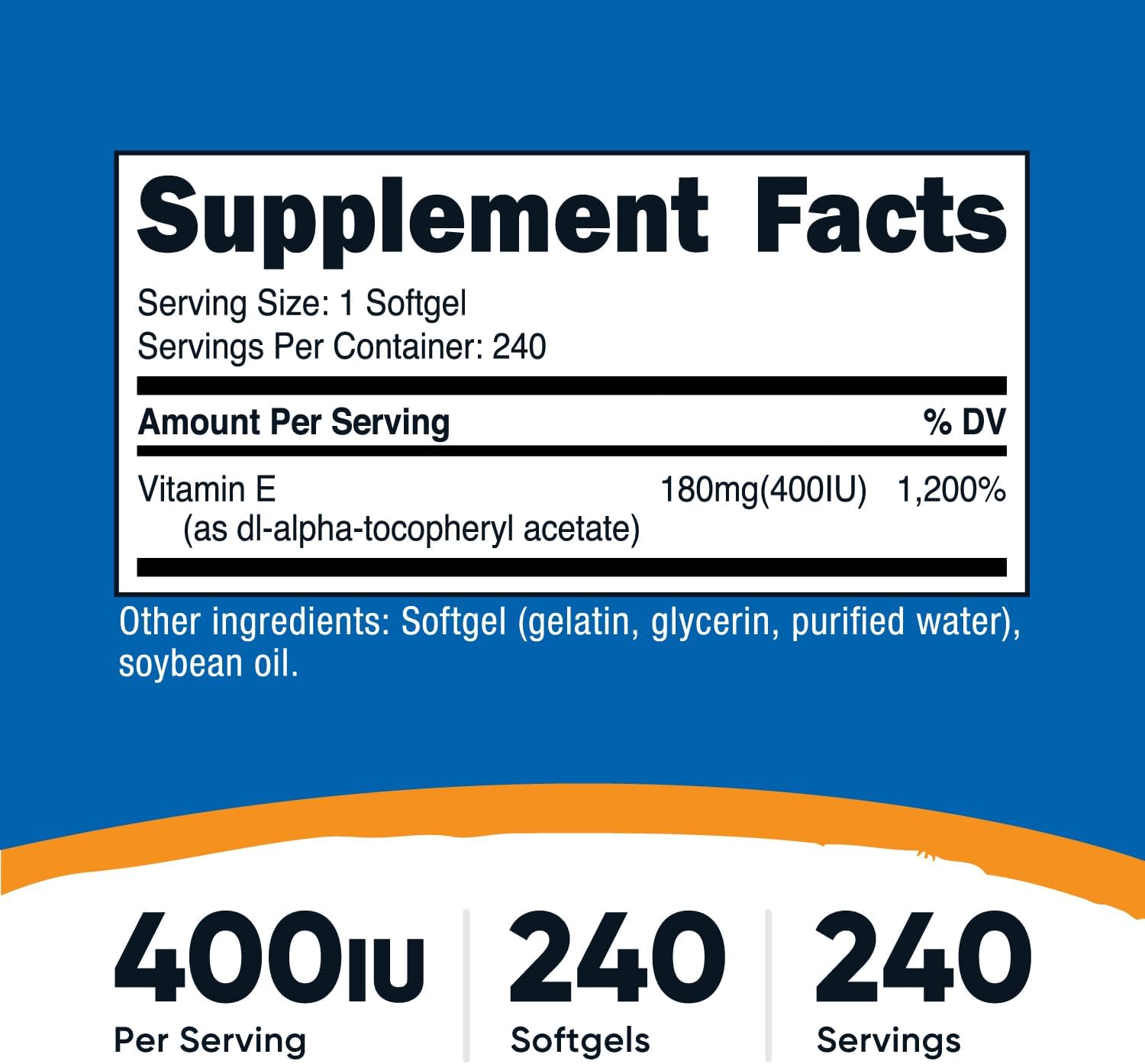 Nutricost Vitamin E 400 IU, 240 Softgel Capsules - Gluten Free, Non-GMO