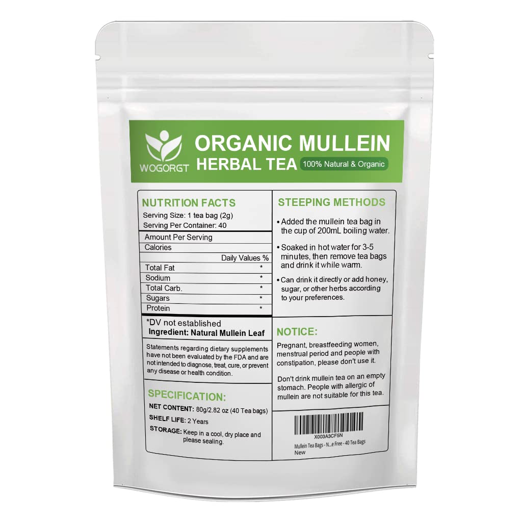 Mullein Tea Bags - Natural Mullein Leaf Tea for Lungs Cleanse and Respiratory Support, Caffeine Free - 40 Tea Bags