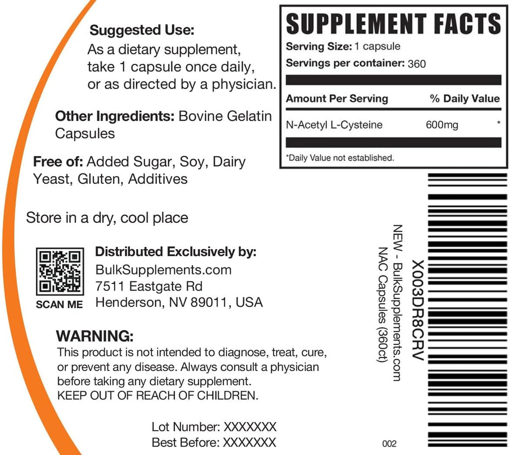 BulkSupplements.com N-Acetyl L-Cysteine Capsules - N-Acetyl Cysteine 600mg, NAC Supplement - 600mg per Capsule, Gluten Free - 1 NAC Capsule per Serving, 360 Capsules (Pack of 1)