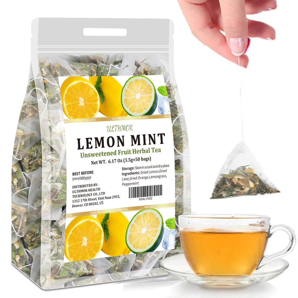 Premium 50 Lemon Peppermint Tea Bags, 100% Natural Lemon & Mint Leaves, No Additives & Caffeine Free.