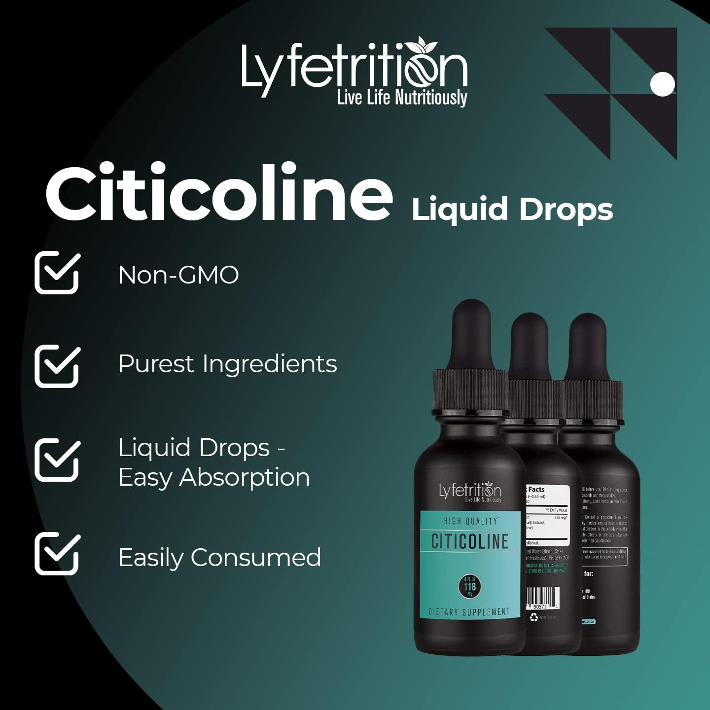 Citicoline Liquid Drops 536 mg, 4 Oz Liquid, 220 Servings, Made in USA, Quick Absorption, Quality Potent Ingredients, Non-GMO, GMP Certified, Cruelty-Free Products
