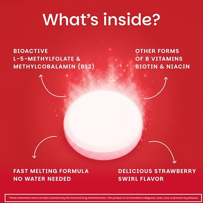 EZ Melts Dissolvable B-Complex - Vitamin B Complex - Provides Energy Metabolism & Heart Health Support - with Methylated B12 & Folate - Non-GMO & Vegan - Strawberry Swirl - 60 Tablets (60 Servings)