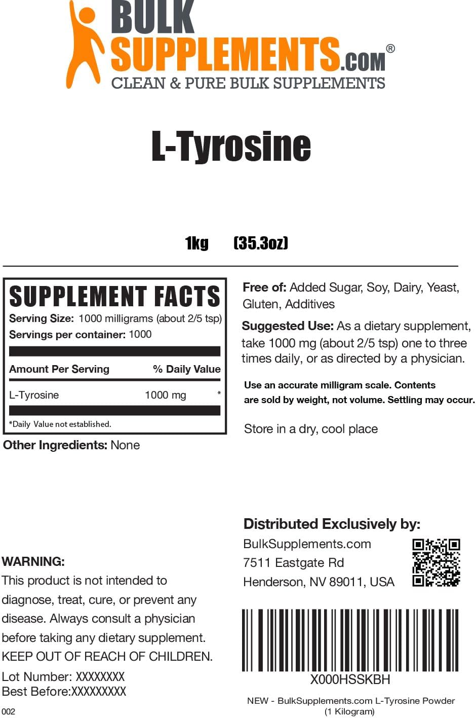 BulkSupplements.com L-Tyrosine Powder - Sports Nutrition, Amino Acid Supplement - Unflavored & Gluten Free, 500mg per Serving, 5kg (11 lbs) (Pack of 5)